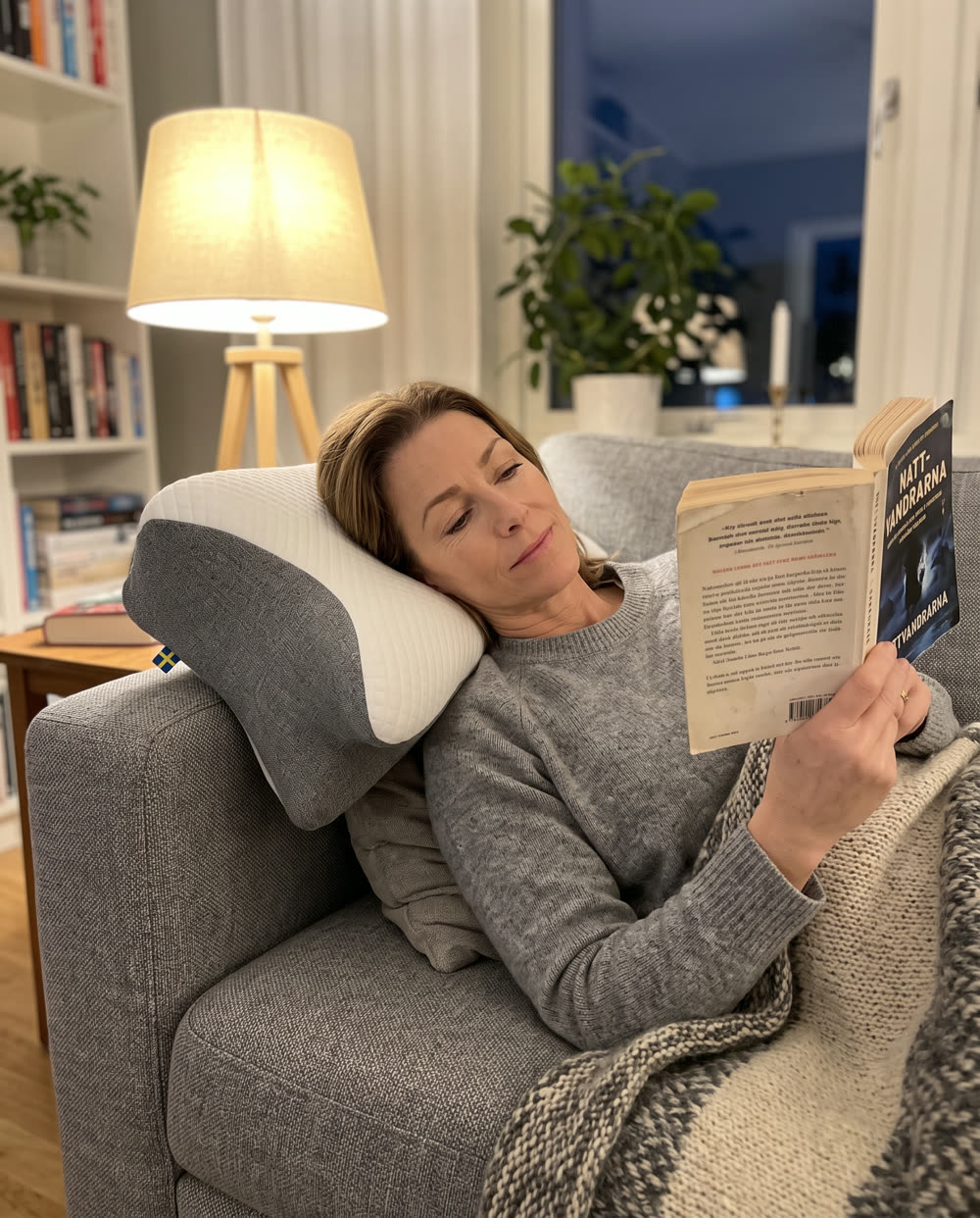 Nainen lukee sohvalla pää SleepEase-nukkumatyynyllä.