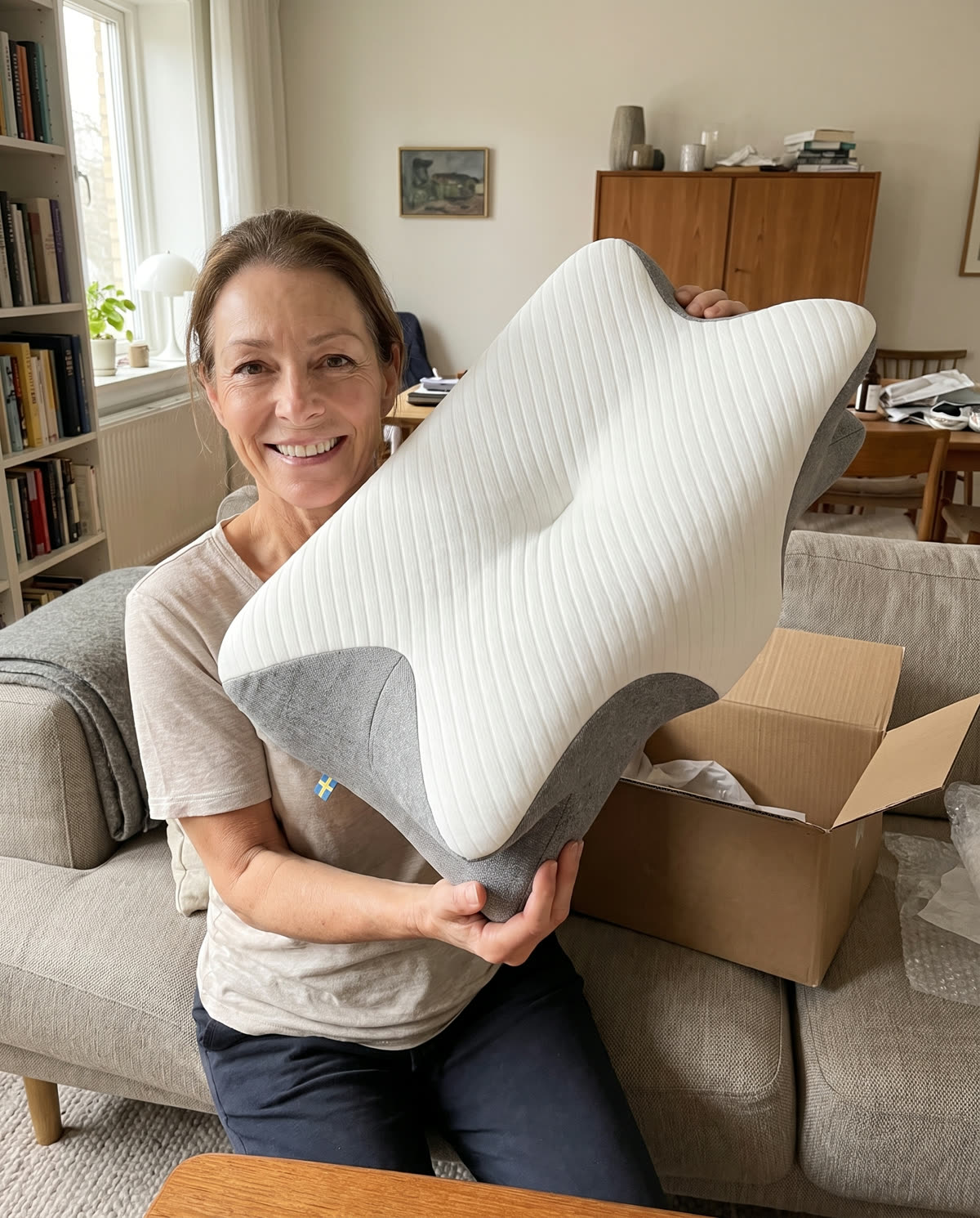 Woman unpacks her SleepEase sleeping pillow at home
