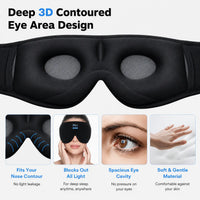 3D-formad sovmask med inbyggda hörlurar som blockerar ljus och ger bekväm passform utan tryck mot ögonen.