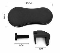 Ergonomiskt armstöd för skrivbord med mått och monteringsdetaljer.