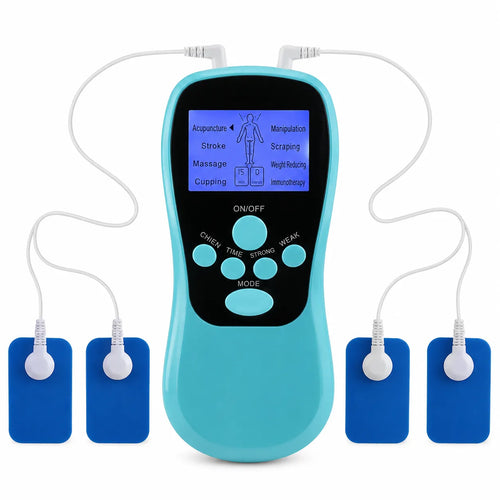 EMS massageapparat med fyra självhäftande elektrodpads och justerbara program.