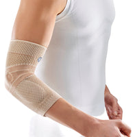 Bauerfeind EpiTrain armbågsstöd i beige, vit bakgrund