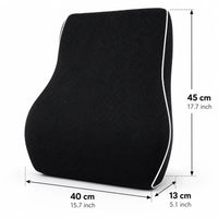 Ergonomisk ryggstödskudde med mått och storleksguide.