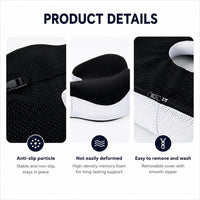 Detaljbilder som visar halkskydd, formstabil memory foam och avtagbart överdrag med dragkedja på den ergonomiska sittdynan