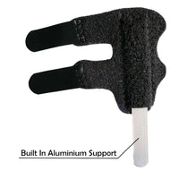 Justerbart fingerstöd med inbyggt aluminiumstöd och kardborreband.