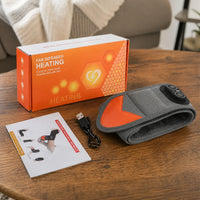 Handledsband med rödljusterapi, värme och vibrationsmassage tillsammans med laddkabel, manual och förpackning.