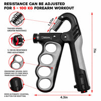Justerbar handtränare med motstånd från 5–100 kg, ergonomiskt grepp och inbyggd räknare för effektiv träning av hand och underarm.