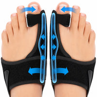 Infografik som visar hur en hallux valgus-nattskena hjälper till att rikta stortån och ge stabilt stöd för förbättrad tåposition under vila.