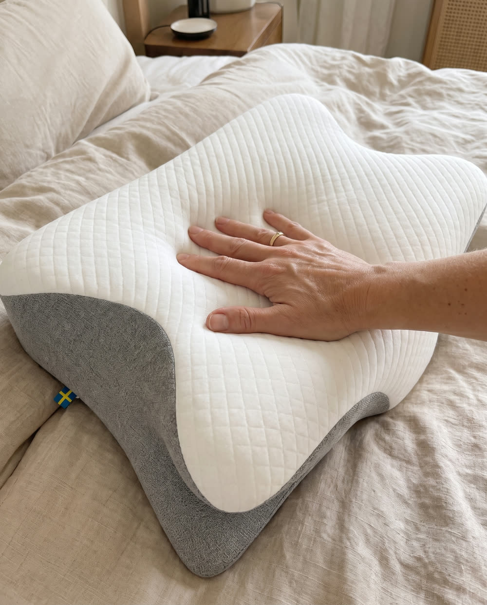 Käsi painaa SleepEase-vaahtomuovityynyä.