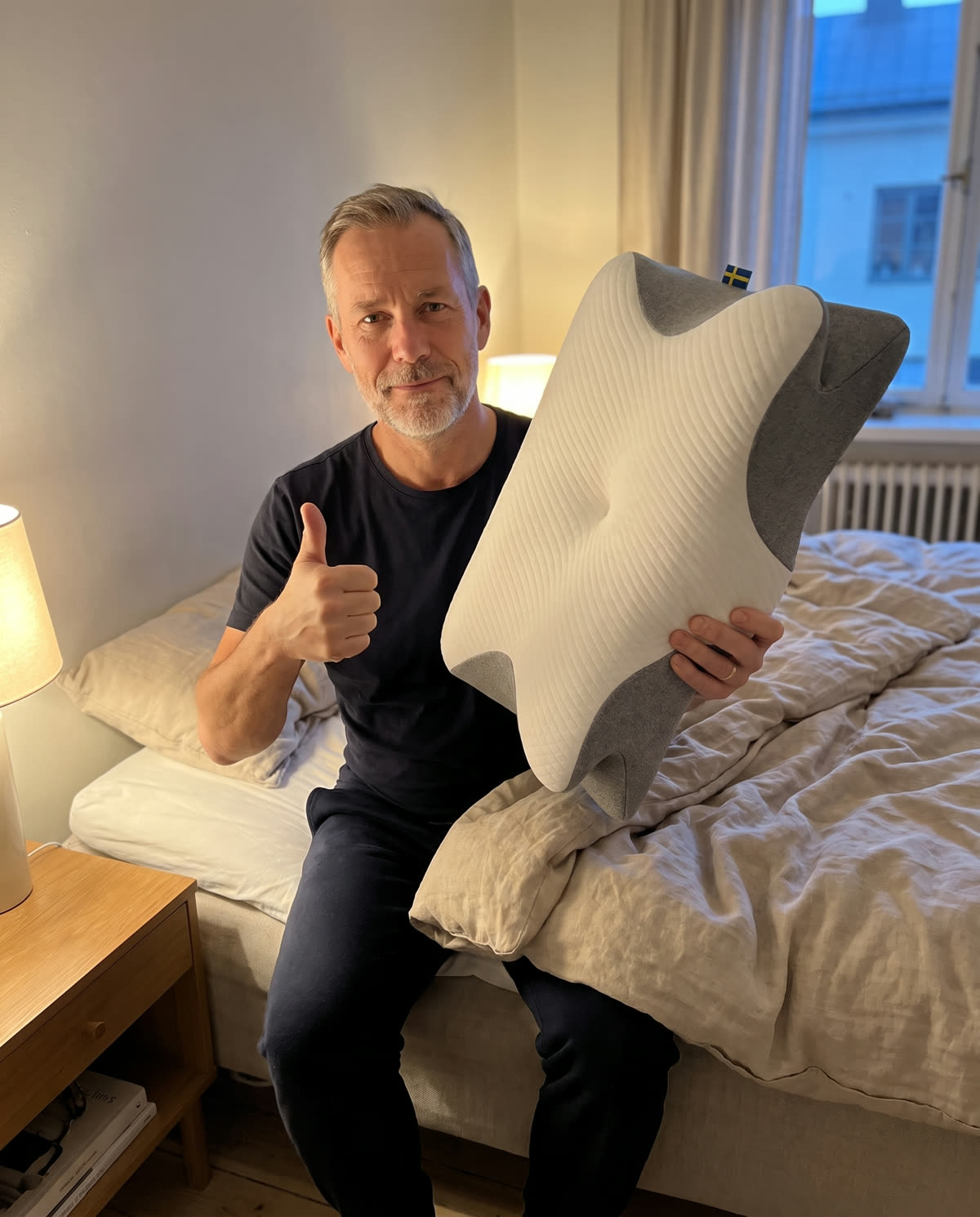 Mies SleepEase-nukkumatyynyn kanssa makuuhuoneessa