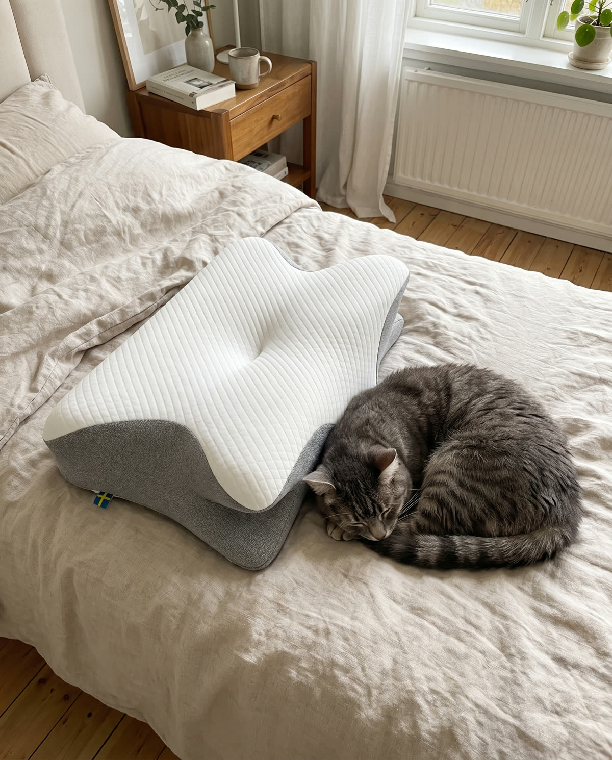 Kissa nukkuu sängyllä SleepEase-nukkumistyynyn vieressä